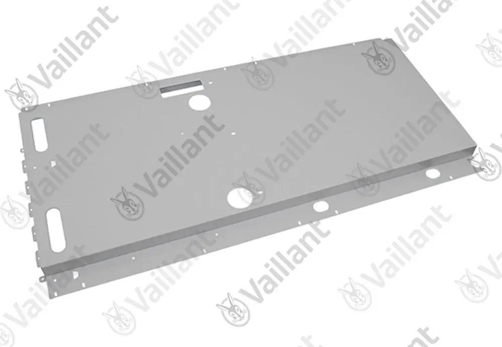 Graue Metallrückwand von Vaillant mit Ausschnitten und Bohrungen, geeignet für die Montage. Flache, rechteckige Form, keine spezifischen Maße erkennbar.